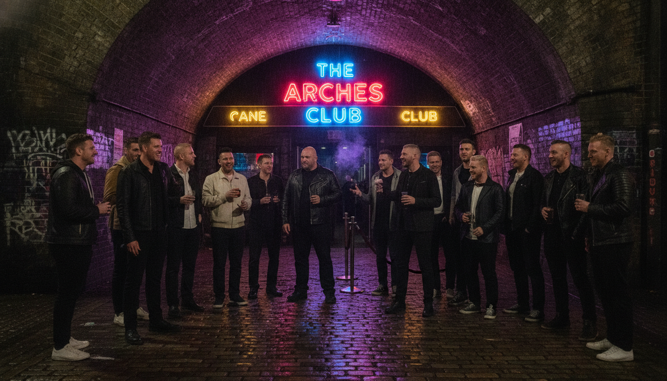 Männer stehen abends vor einem Club unter einer Eisenbahnbrücke in Vauxhall