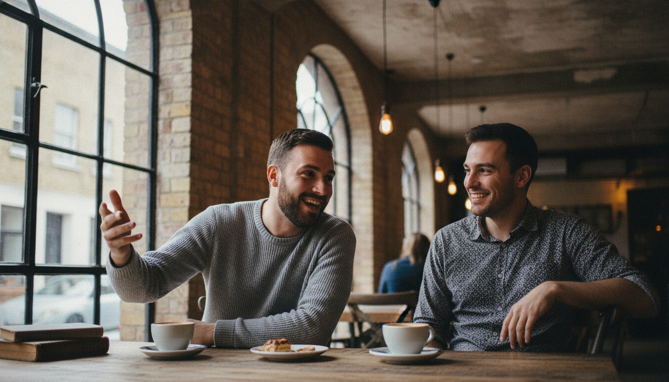Zwei Männer unterhalten sich beim ersten Date in einem Café in East London