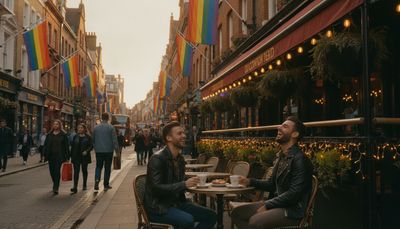 Zwei Männer lachen zusammen an einem Straßencafé in Soho mit Regenbogenflaggen